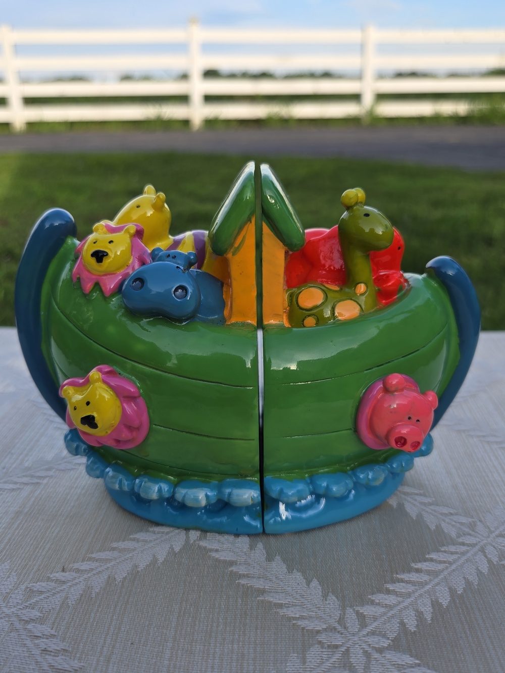 Noahs Ark Bookends Ceramic Enamel Nursery Lion Tiger Hippo Elephant Pig